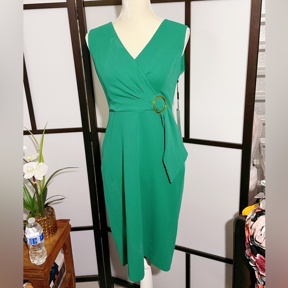 Calvin Klein NWT Side-Tie Sleeveless Sheath Dress Gold circle belt $134